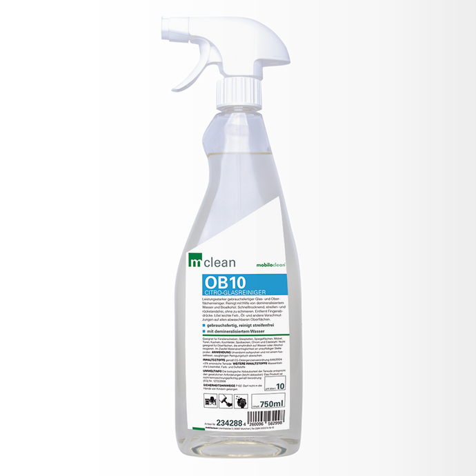 OB10 Citro Glasreiniger  Leistungsstarker und gebrauchsfertiger Glasreiniger mit Citrus Note in der  750ml Sprühflasche.  Beseitigt Fingerabdrücke, leichte Fette und Öle und sonstige Verschmutzungen auf Glas und abwaschbaren Oberflächen.